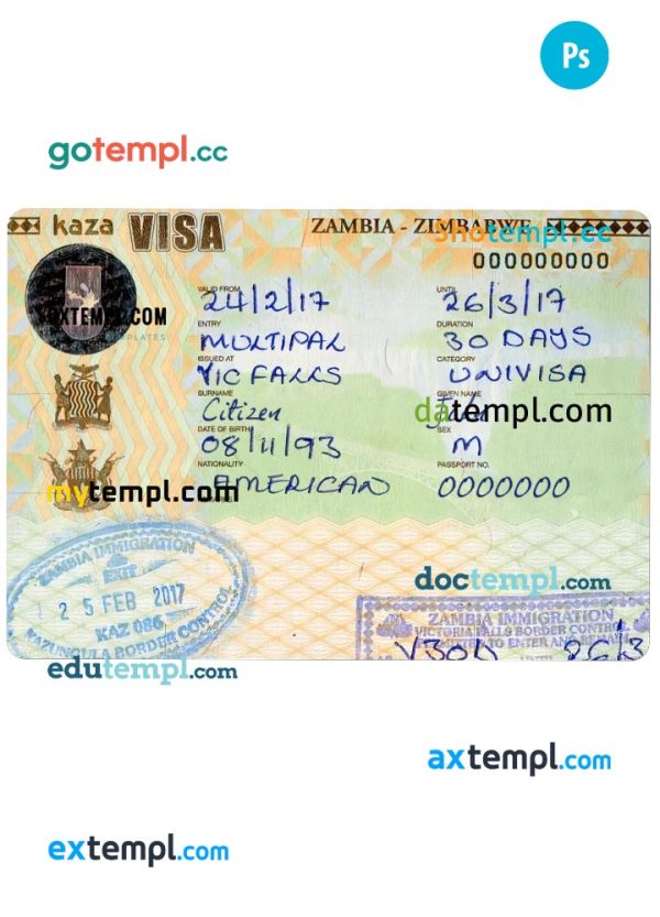 Zambia and Zimbabwe travel visa PSD template, with fonts