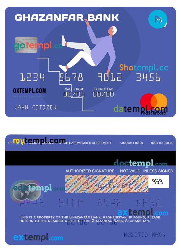 Afghanistan Ghazanfar Bank mastercard template in PSD format