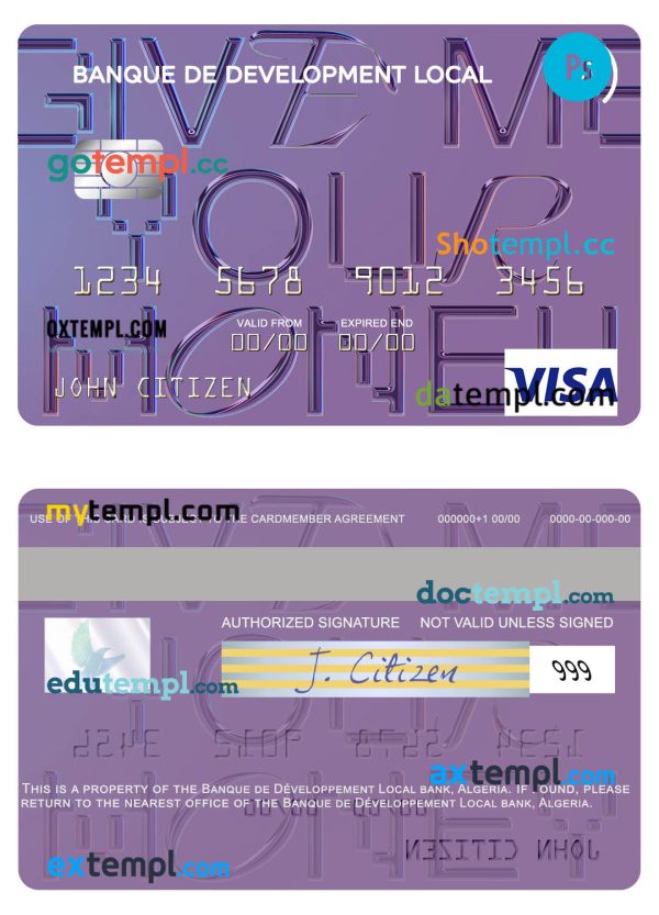 Algeria Banque de Développement Local visa card template in PSD format