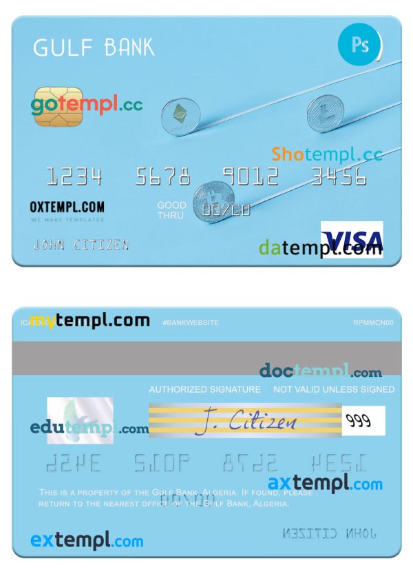 Algeria Gulf Bank visa card template in PSD format