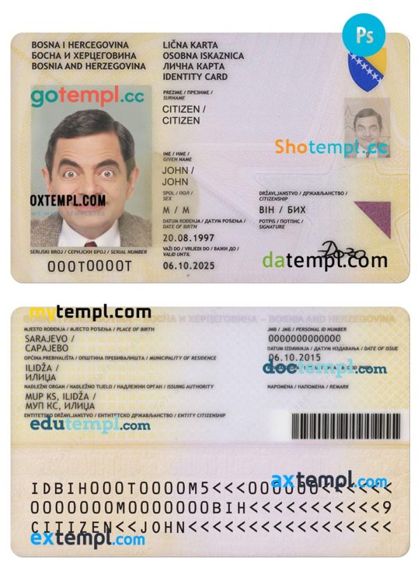 BOSNIA AND HERZEGOVINA identity card PSD template, 2015-2025