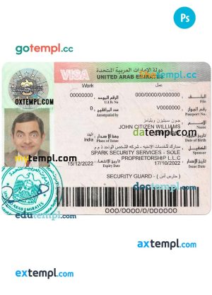 UAE work visa template in PSD format, with fonts