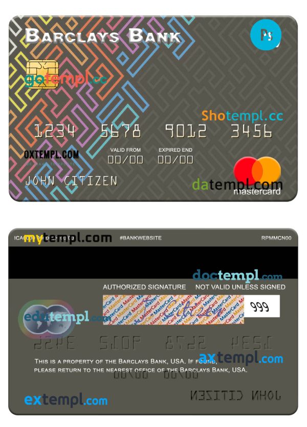 USA Barclays Bank mastercard template in PSD format