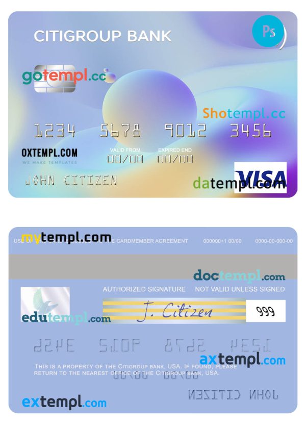 USA Citigroup Bank visa card template in PSD format