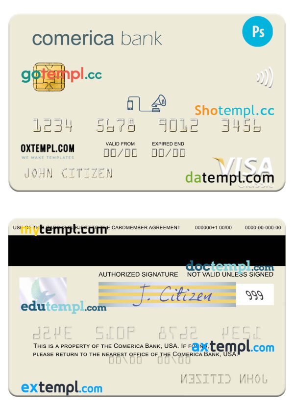 USA Comerica Bank visa card template in PSD format