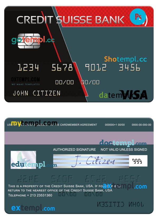 USA Credit Suisse Bank visa card template in PSD format