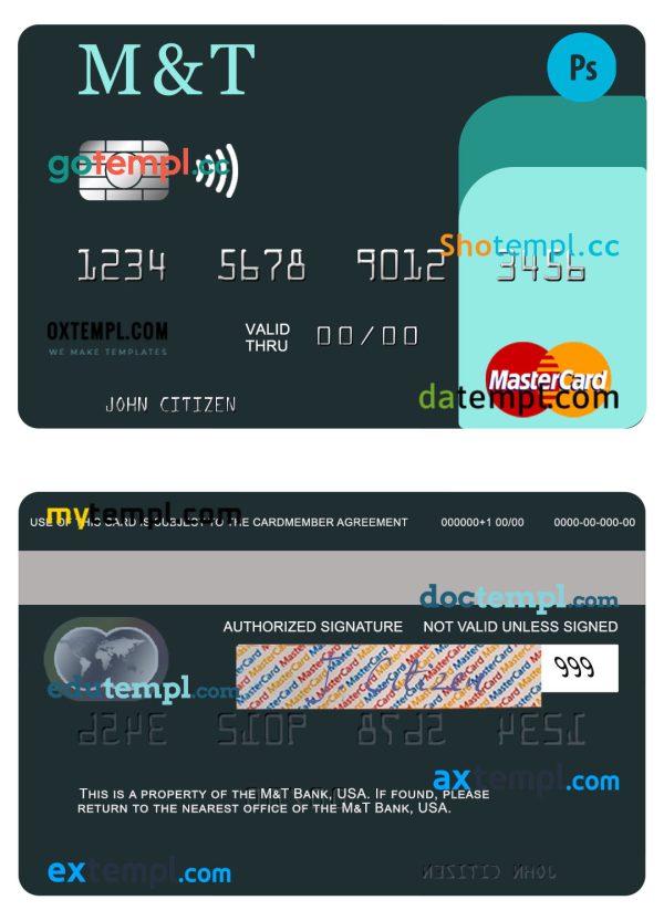 USA M&T Bank mastercard template in PSD format