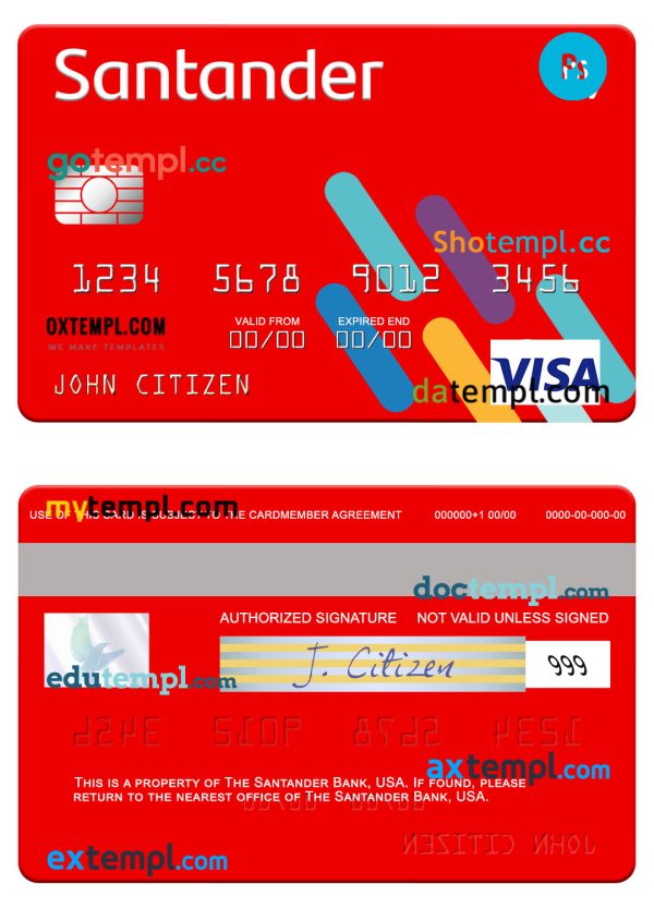 USA Santander Bank visa card template in PSD format