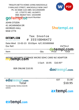 USA Trisleys Betta Home tax invoice Word and PDF template