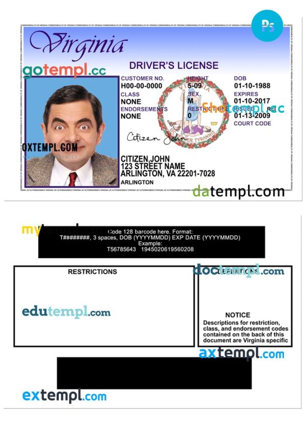 USA Virginia driving license template in PSD format, version 2