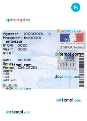 France residency OFII visa stamp template in PSD format, with fonts