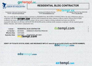 USA Minnesota residential building contractor business license template in Word and PDF formats