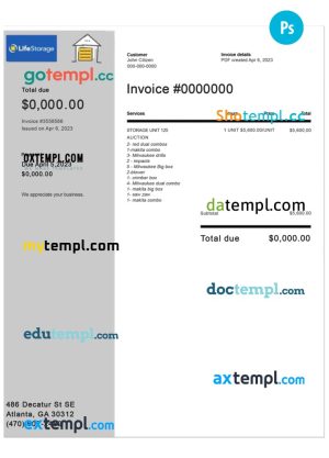 Life Storage invoice template in PSD format, fully editable