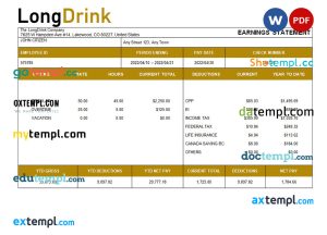 LongDrink company payroll template in Word and PDF formats