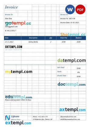 Simple Clinic Invoice template in word and pdf format