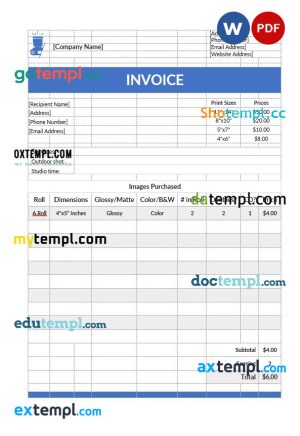 Simple Photography Invoice template in word and pdf format