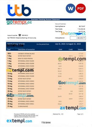 TTB Bank corporate checking account statement Word and PDF template