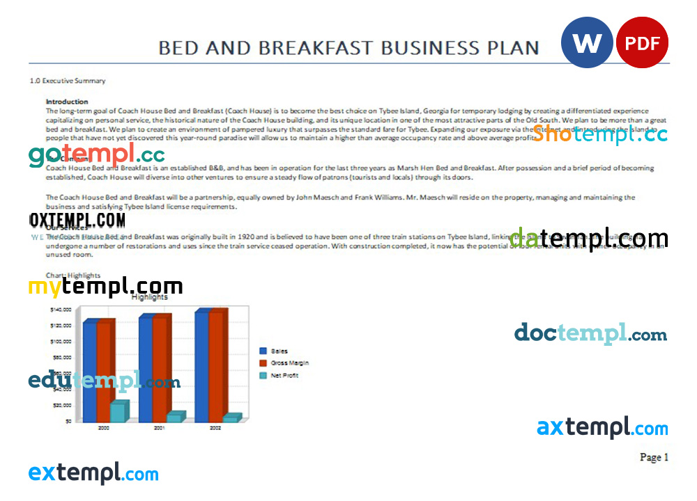 bed and breakfast business plan template in Word and PDF formats