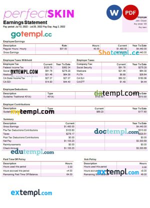 dermatology company paystub template in Word and PDF formats