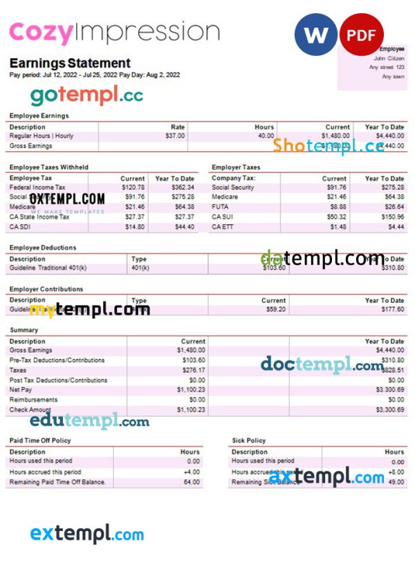 fast fashion company payslip template in Word and PDF formats