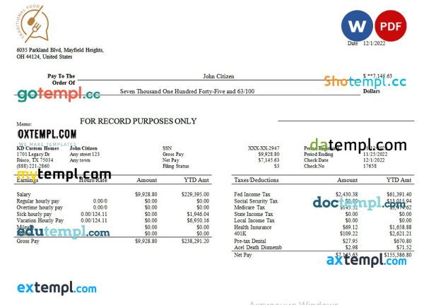 food company earning statement template in Word and PDF formats