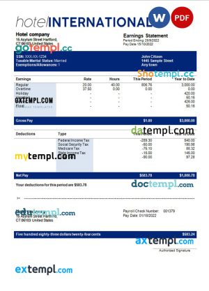 hotel International payroll template in Word and PDF formats