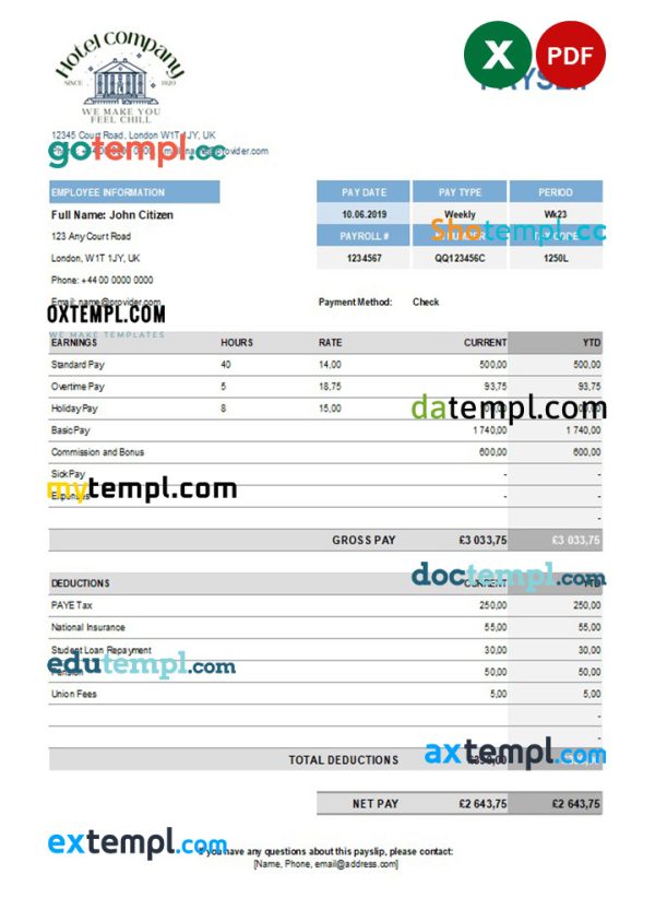 hotel company payroll template in Excel and PDF formats