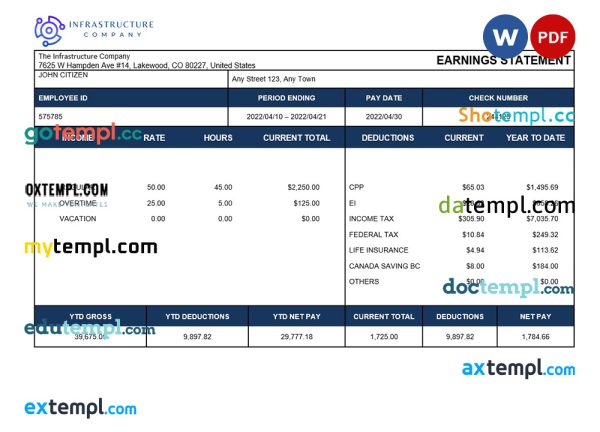 infrastructure company payslip template in Word and PDF formats
