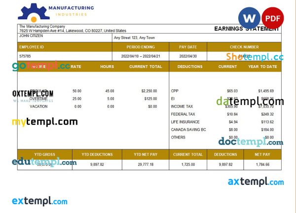 manufacturing company payslip template in Word and PDF formats