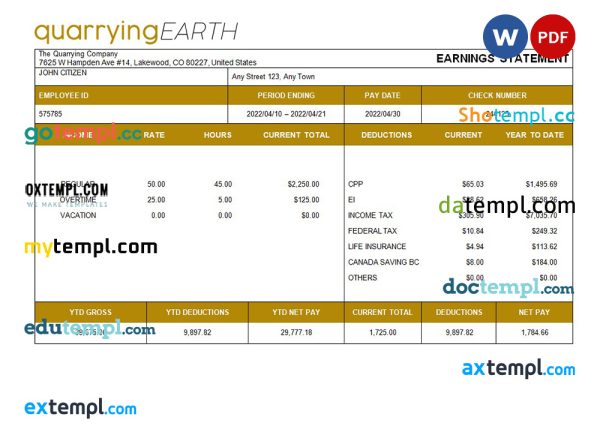 quarrying company fully editable paystub template in Word and PDF formats