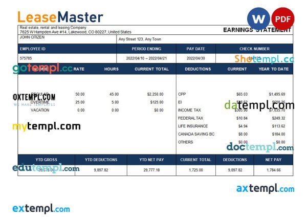 real estate, rental and leasing company payslip template in Word and PDF formats