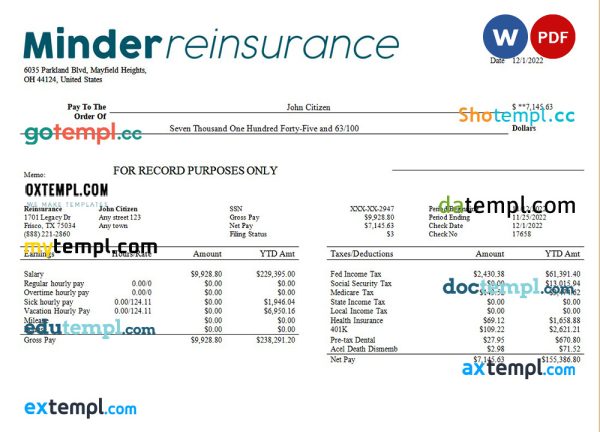 reinsurance company payroll template in Word and PDF formats