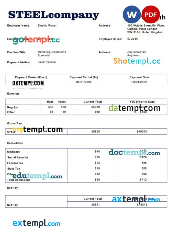 steel company payroll template in Word and PDF formats