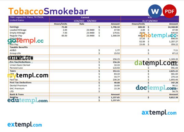tobacco company earning statement template in Word and PDF formats