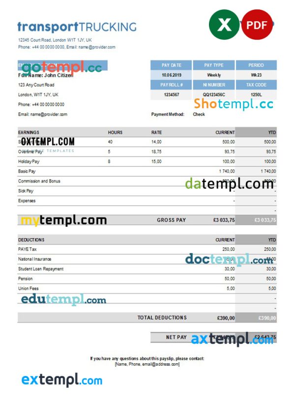transport company payroll template in Excel and PDF formats