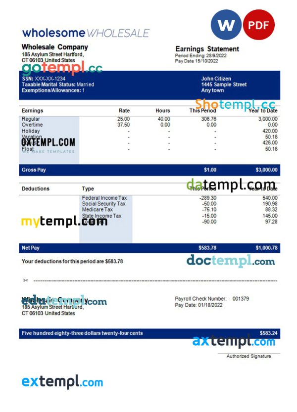 wholesale company payroll template in Word and PDF formats