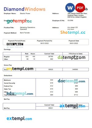windows and door construction company payroll template in Word and PDF formats