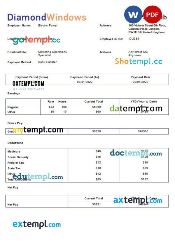windows and door construction company payroll template in Word and PDF formats