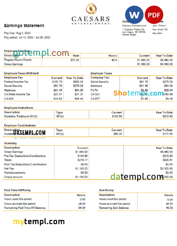 USA Caesars Entertainment casino and resort company pay stub Word and PDF template