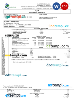 Algeria Algerie Telecom utility bill Word and PDF template
