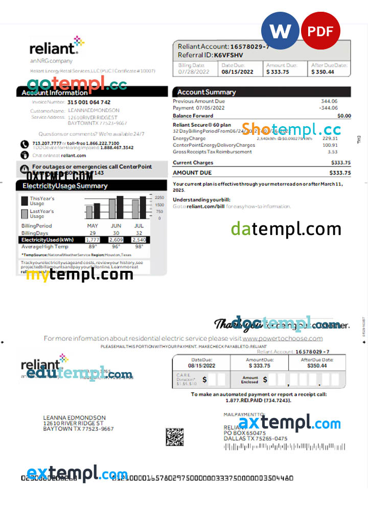 USA Reliant utility bill Word and PDF template