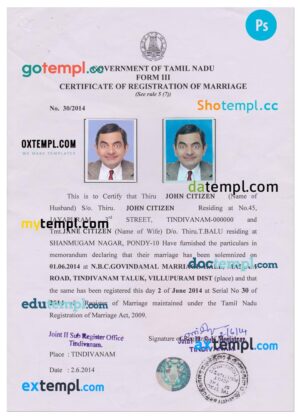 India (Tamil Nadu) marriage certificate PSD template, with fonts