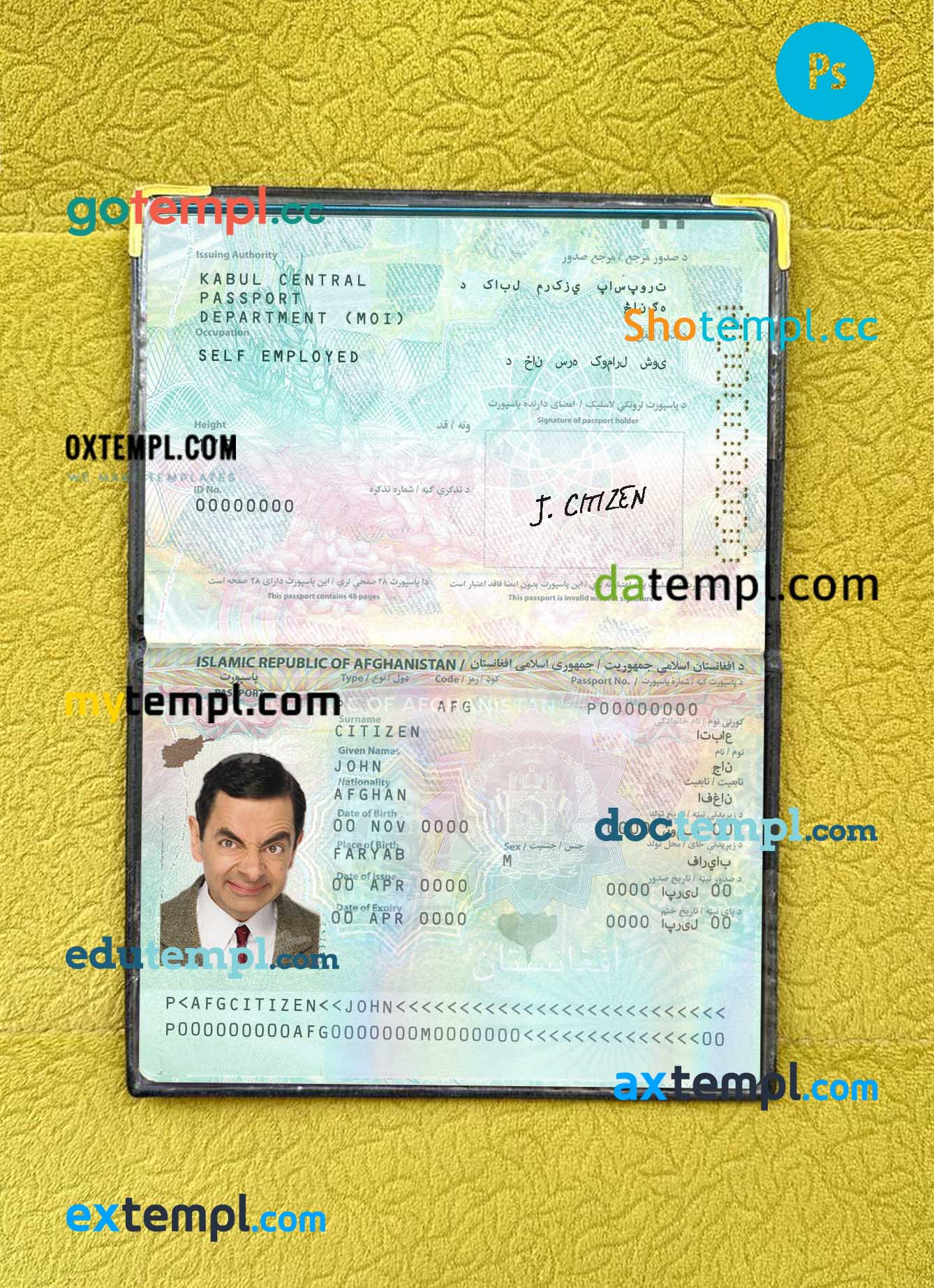 Afghanistan passport editable PSD files, scan and photo-realistic look, 2 in 1