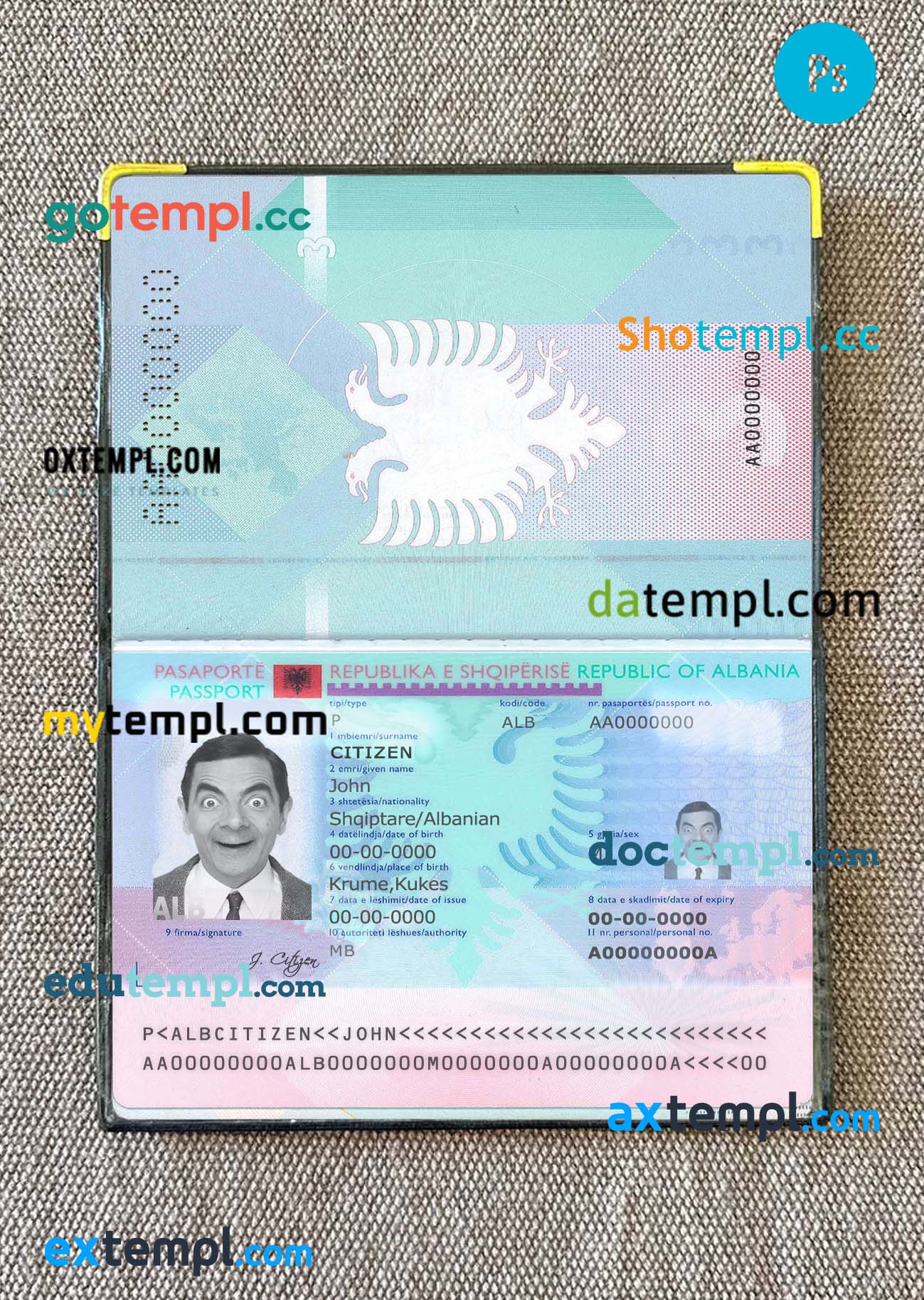 Albania passport PSD files, scan and photograghed image, 2 in 1