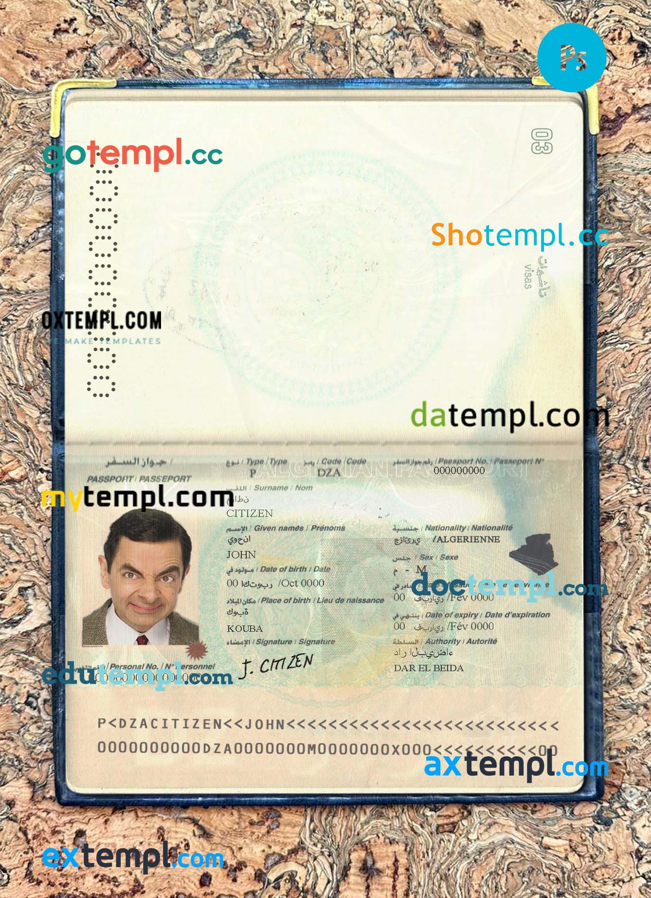 Algeria passport editable PSD files, scan and photo look templates, 2 in 1