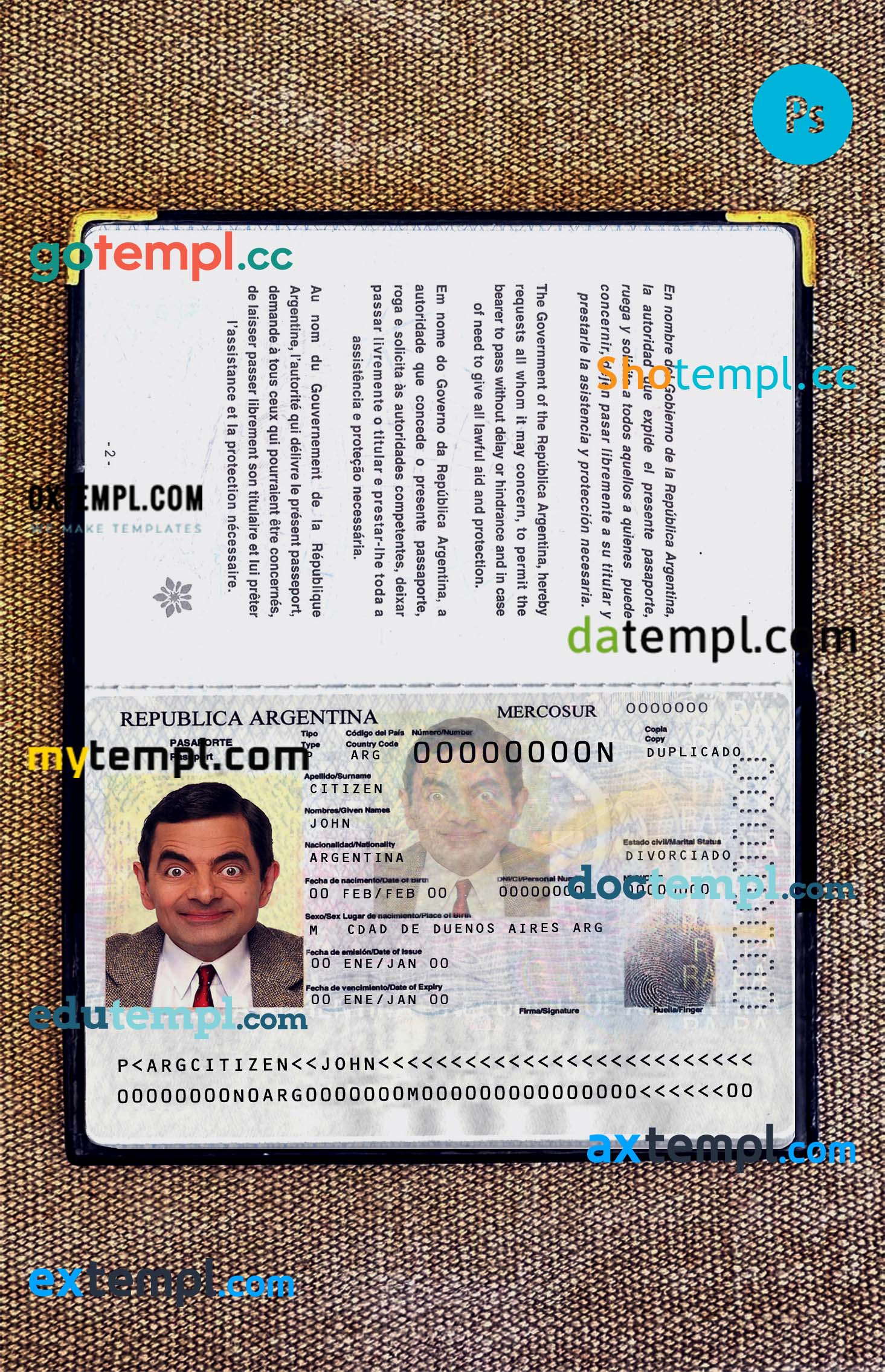 Argentina passport editable PSD files, scan and photo taken image, 2 in 1 (2012 - present)