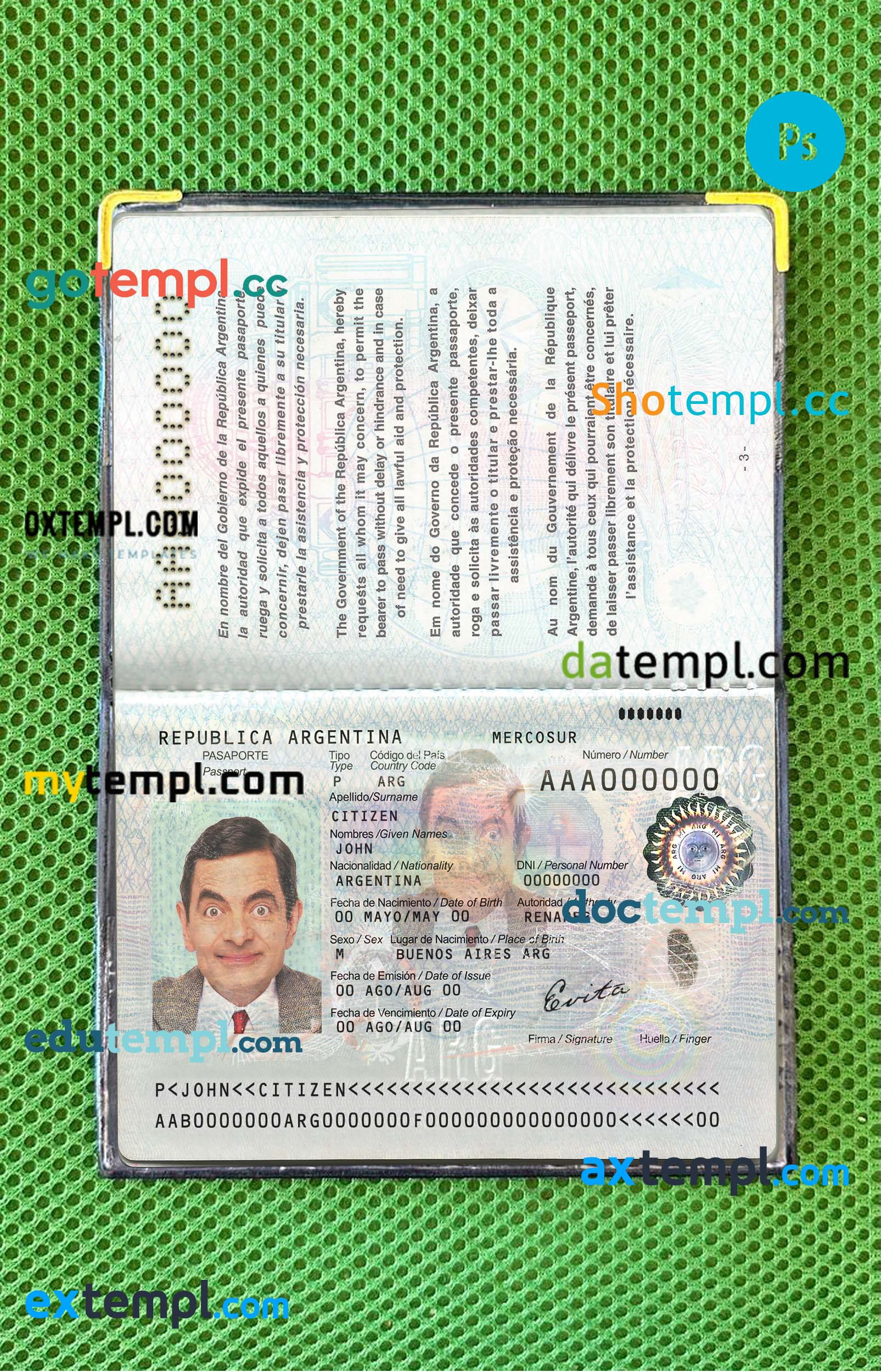 Argentina passport PSDs, editable scan and photograghed picture template, 2 in 1