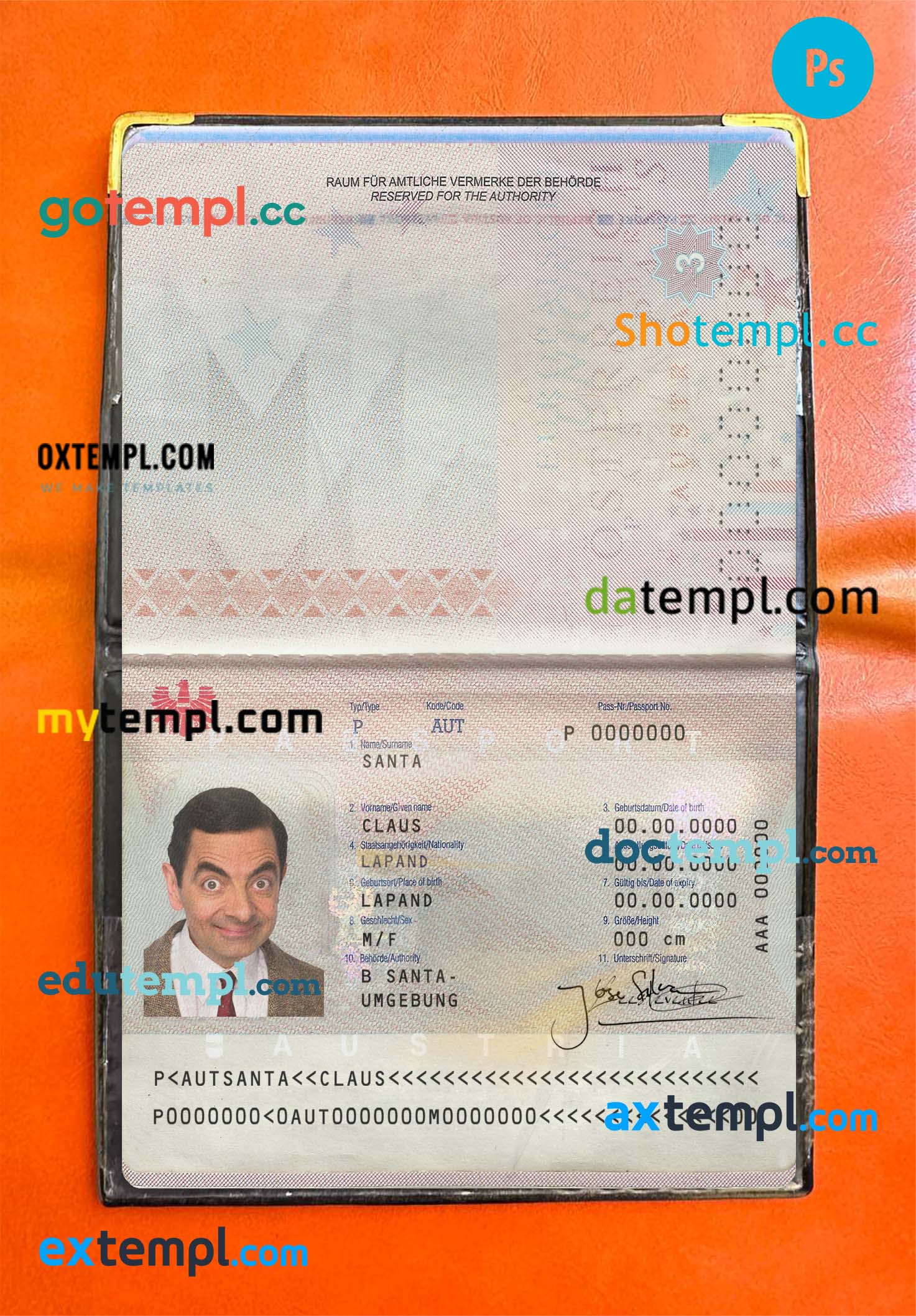 Austria passport PSD files, scan and photo look templates, 2 in 1