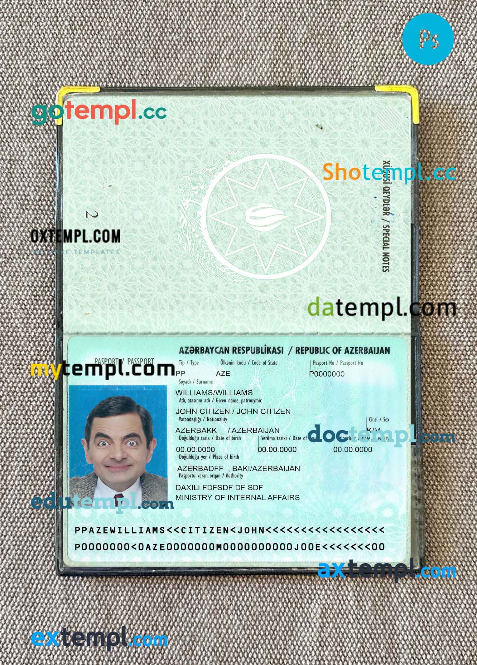 Azerbaijan passport editable PSD files, scan and photo-realistic look, 2 in 1