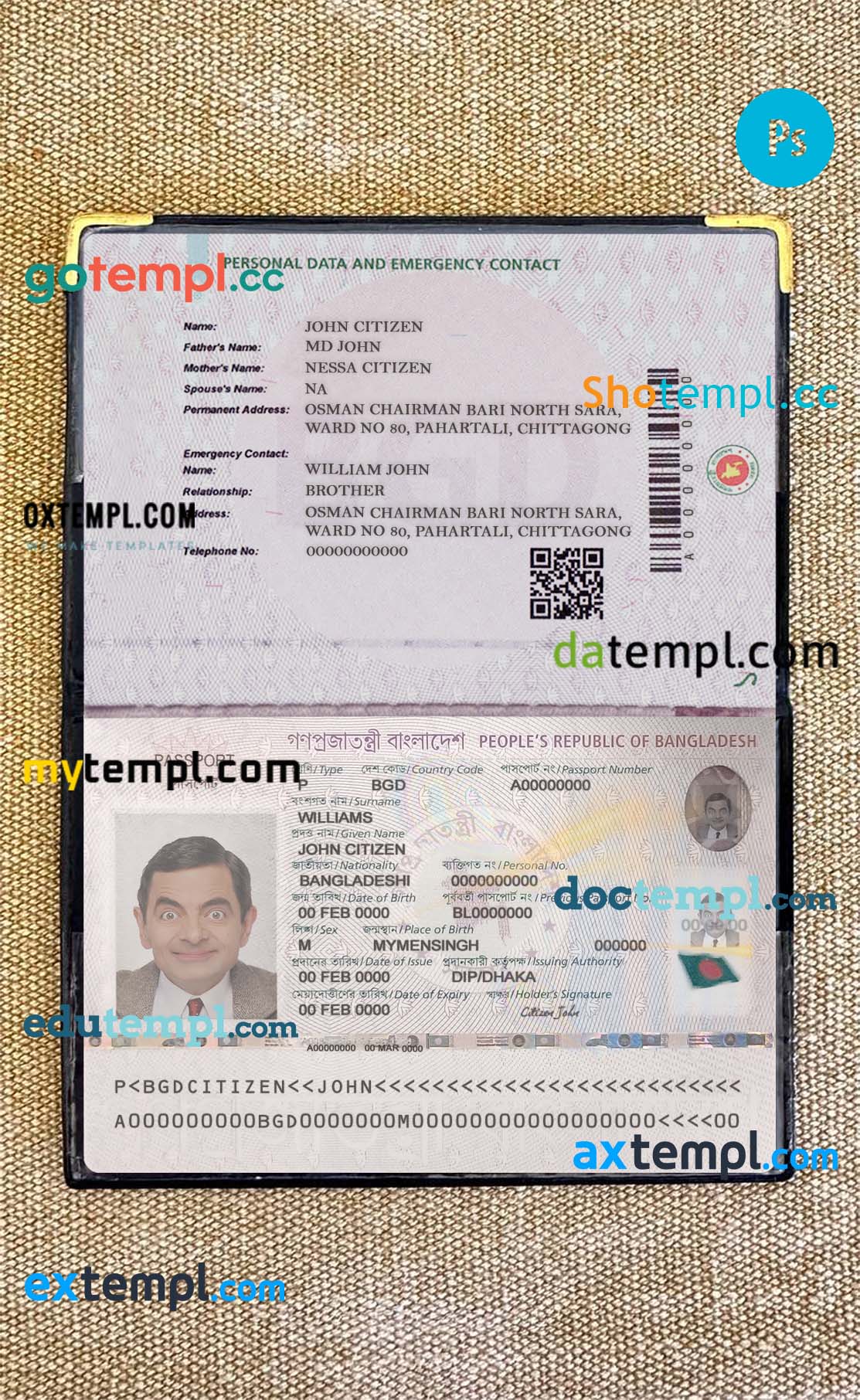 Bangladesh E passport PSDs, scan and photo look, 2 in 1